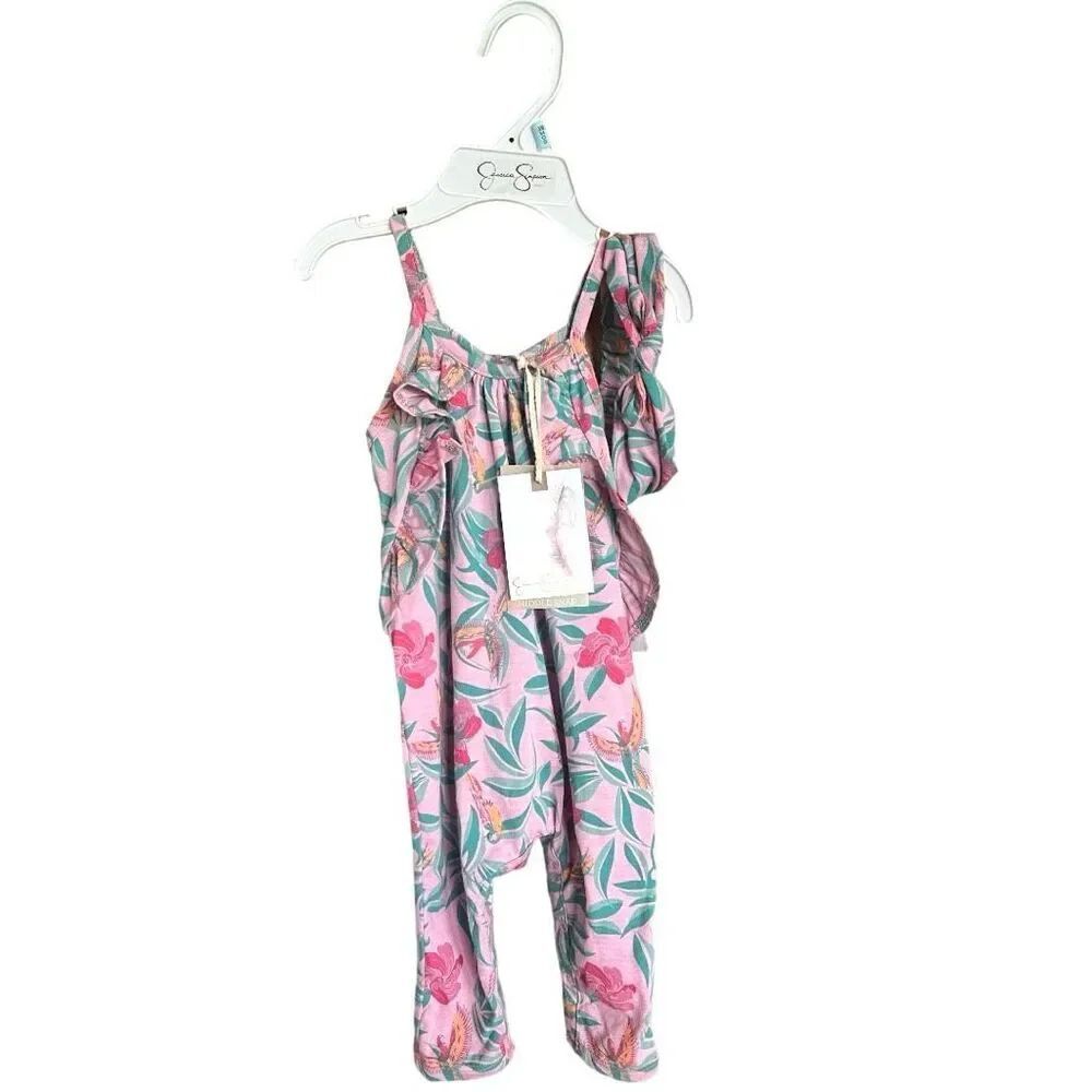 NWT Baby Girls Jessica Simpson Tropical Print Sleeveless Jumpsuit Headband 3-6